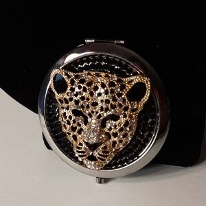 SALE! NWOT Crystal Encrusted Silver & Black Gold Leopard Compact Mirror